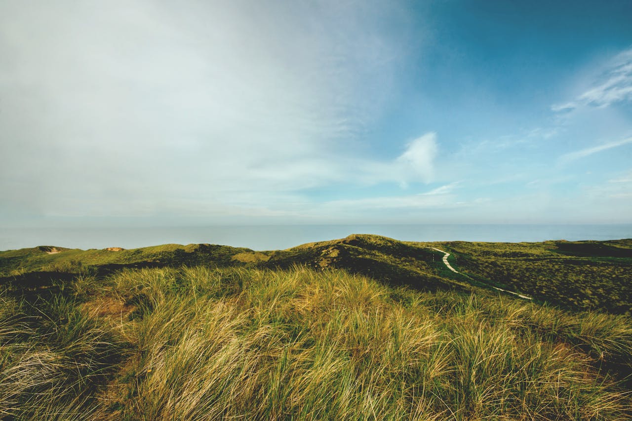 Beautiful grass-covered dunes under a cloudy sky on Sylt Island, Germany, perfect for travel and nature enthusiasts.